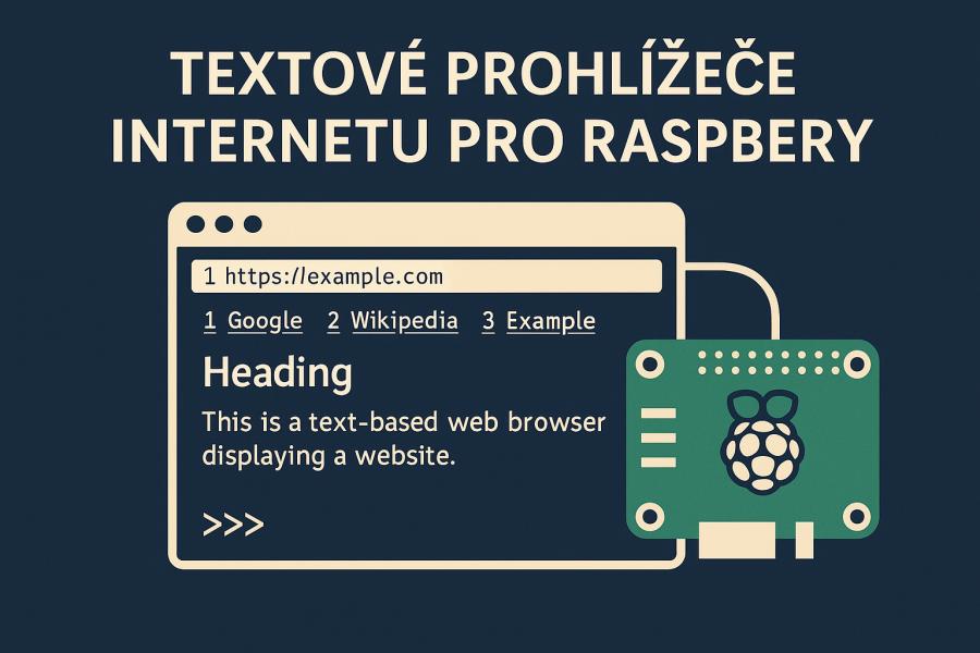 Banner s tmavě modrým pozadím: titul ‘Textové prohlížeče Internetu pro Raspberry’, vlevo stylizované okno terminálu s odkazy, vpravo deska Raspberry Pi.“ Vytvořil Chat GPT
