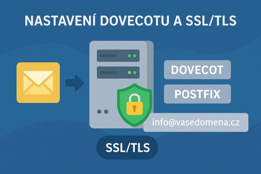 Stylizovaná poštovní obálka uprostřed. Přes obálku je položena modrá ikona zámku, která vyjadřuje šifrování a bezpečnost. Nad obálkou je zobrazen text „Dovecot + Postfix“. Vytvořil Chat GPT