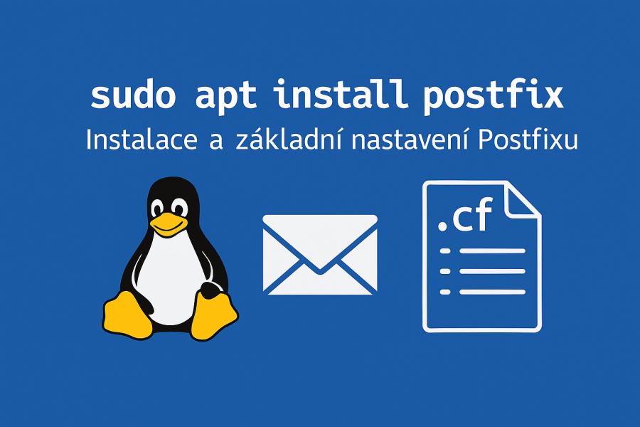 Nastavení poštovního serveru Postfix na Ubuntu – ilustrace serveru s ikonou e‑mailu, konfigurací a terminálem, symbolizující instalaci a základní konfiguraci. Vytvořil Chat GPT