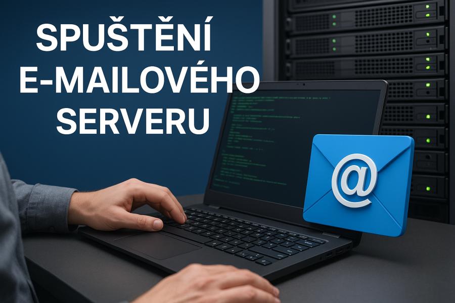 Obrázek zobrazuje osobu pracující na notebooku s otevřeným terminálem, vedle kterého je velká modrá ikona e-mailu. V pozadí je vidět serverový rack. Vytvořil Chat GPT