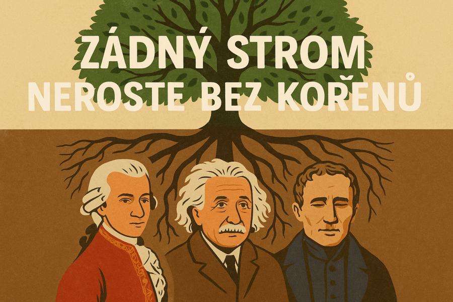 Ilustrační grafika k epizodě – mohutný strom s kořeny a portréty Mozarta, Einsteina a Brailla symbolizující, že žádný velký čin nevzniká bez předchůdců. Vytvořil Chat GPT